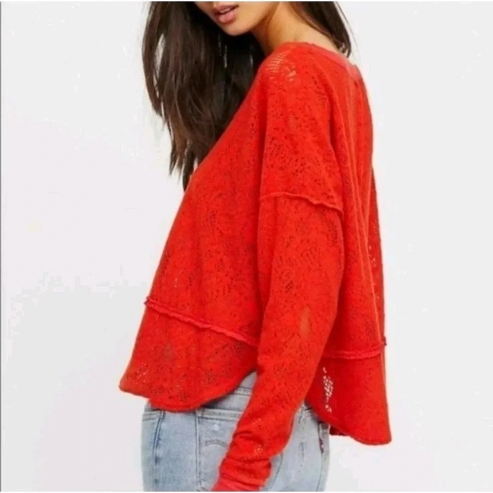 Free People Orange Not Cold In This Lace Oversized Boho Casual Top Sweater Sz S